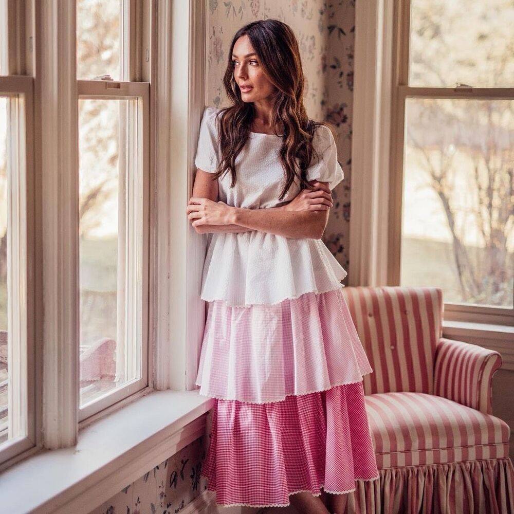Jessakae Eva Mommy And Me Pink White Gingham Tiered Layered Seersucker Short Sle